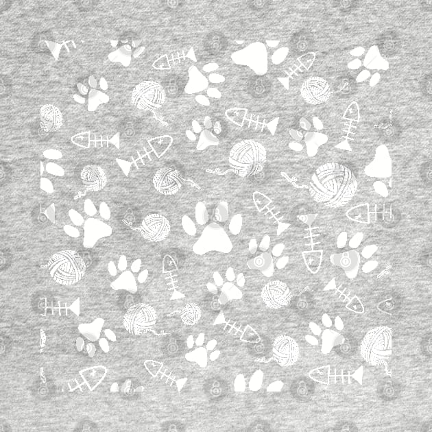 Cat Paw Print, Fish Bones, Ball of Yarn Pattern - White on Black Version by SubtleSplit